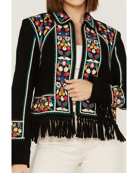 Double D Ranch Women's Justyna Embroidered Fringe Suede Jacket, Black, hi-res