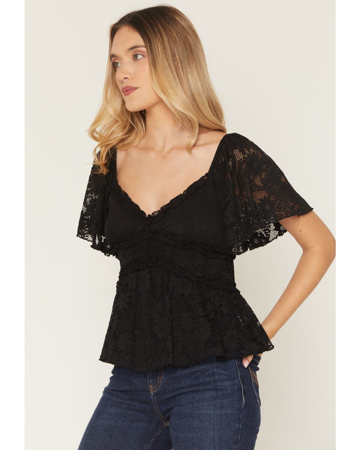 Image #2 - Originality Women's Flutter Sleeve Ruffle Peplum Top, Black, hi-res