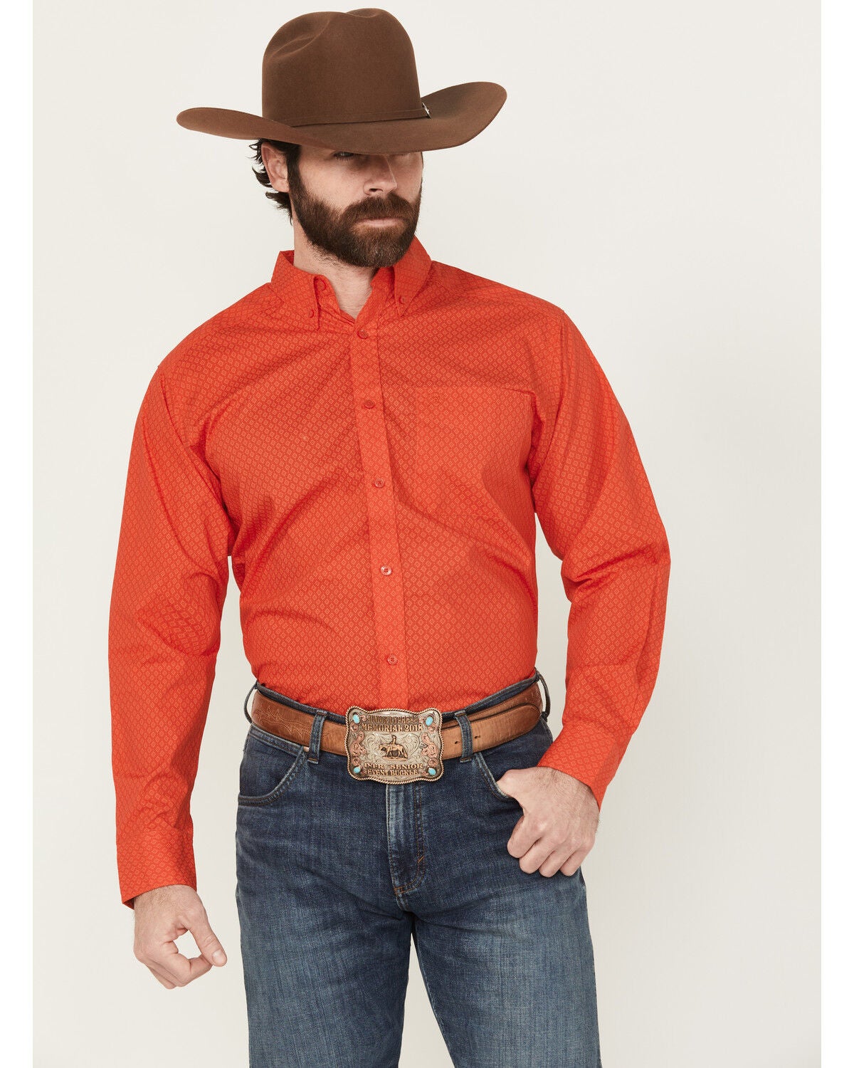 Ariat Men's Waylen Geo Print Long Sleeve Button-Down Western Shirt - Tall, Red, hi-res