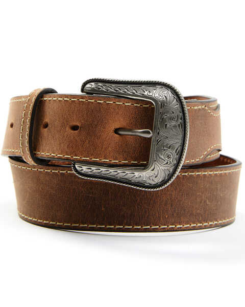 Heritage Leather Men's Brown Vintage Etched Buckle Leather Belt, Brown, hi-res