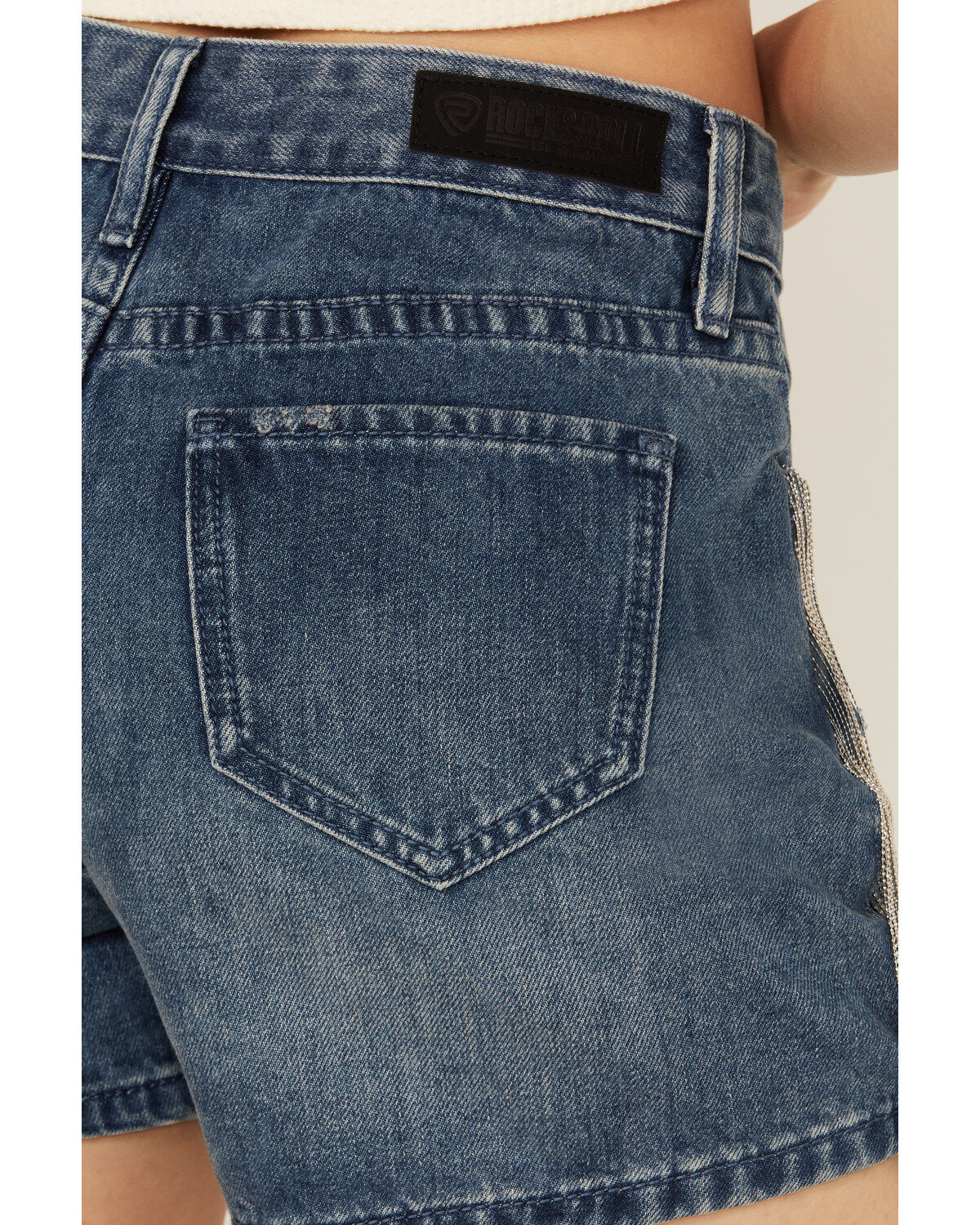 Image #4 - Rock & Roll Denim Women's Medium Wash High Rise Chain Fringe Denim Shorts, , hi-res