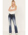 Miss Me Women's Medium Wash Mid Rise Cross Rhinestone Embroidered Bootcut Jeans, Blue, hi-res