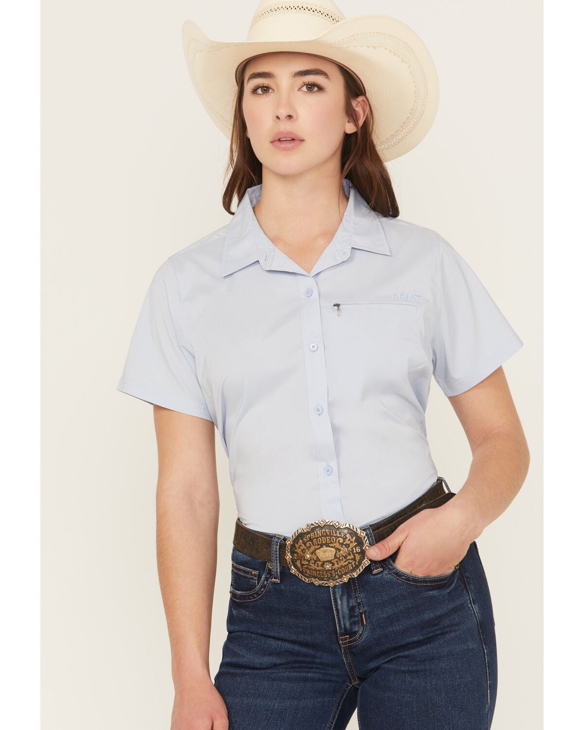Ariat Women's VentTEK Solid Short Sleeve Button-Down Stretch Western Shirt, Light Blue, hi-res