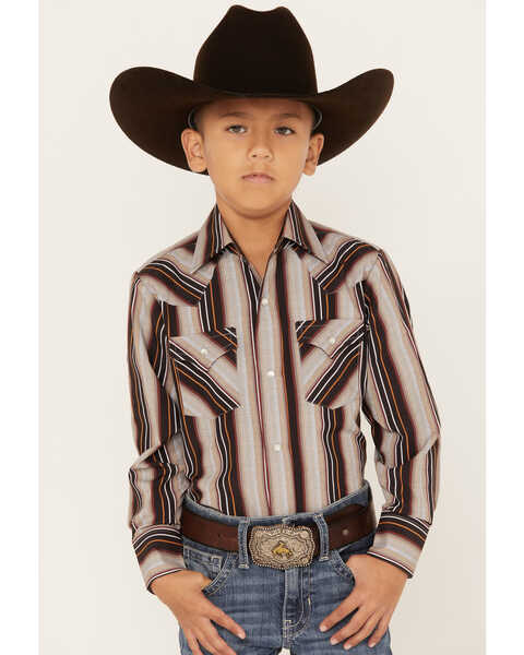 Ely Walker Boys' Striped Long Sleeve Pearl Snap Western Shirt, Brown, hi-res
