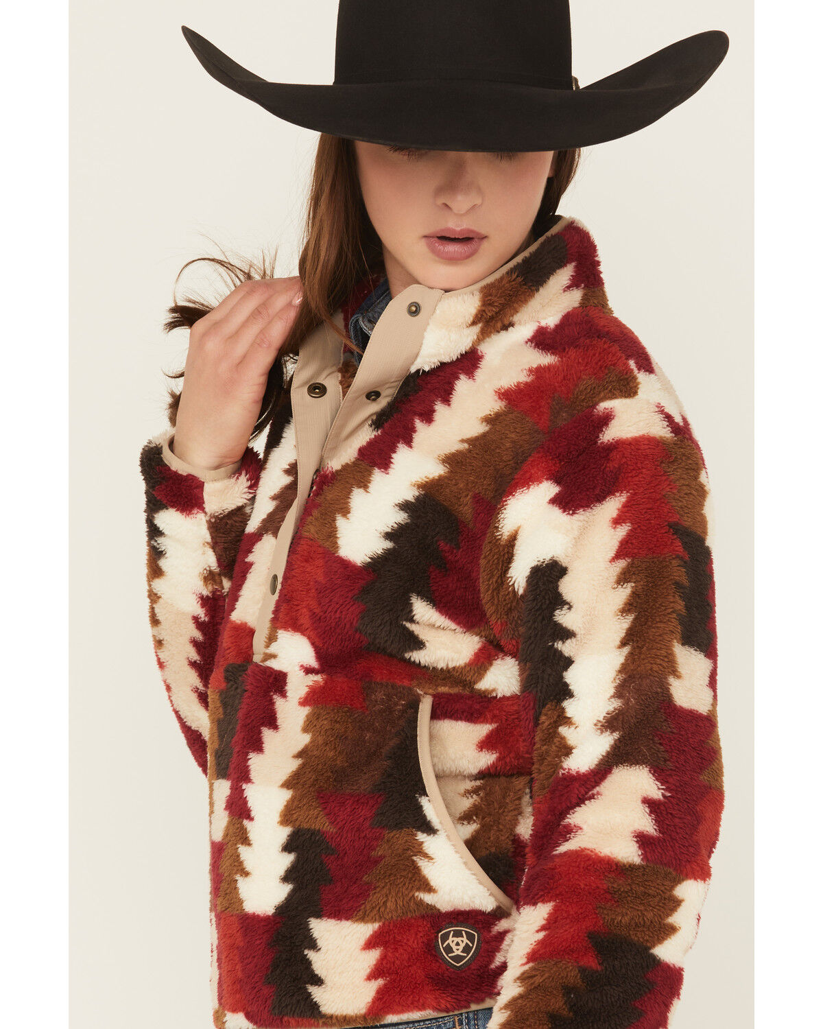 Image #2 - Ariat Women's Triangle Print Berber Pullover, Burgundy, hi-res