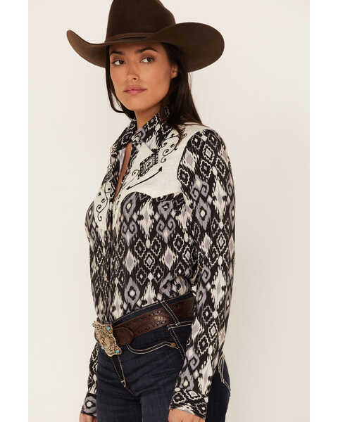 Image #2 - Roper Women's Southwestern Diamond Print Long Sleeve Pearl Snap Western Shirt, Black, hi-res