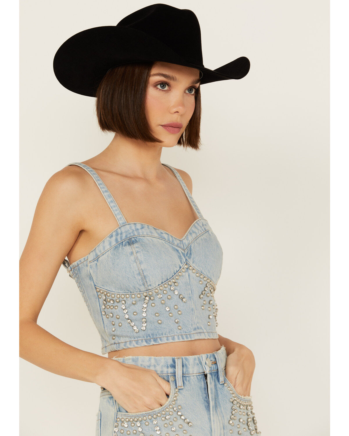 Image #3 - Blank NYC Women's Light Wash Starstruck Embellished Denim Crop Top, Blue, hi-res