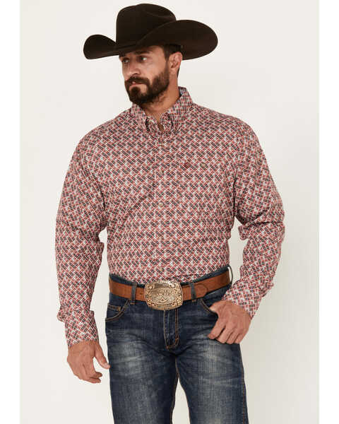 George Strait by Wrangler Men's Geo Print Long Sleeve Button-Down Western Shirt, Red, hi-res