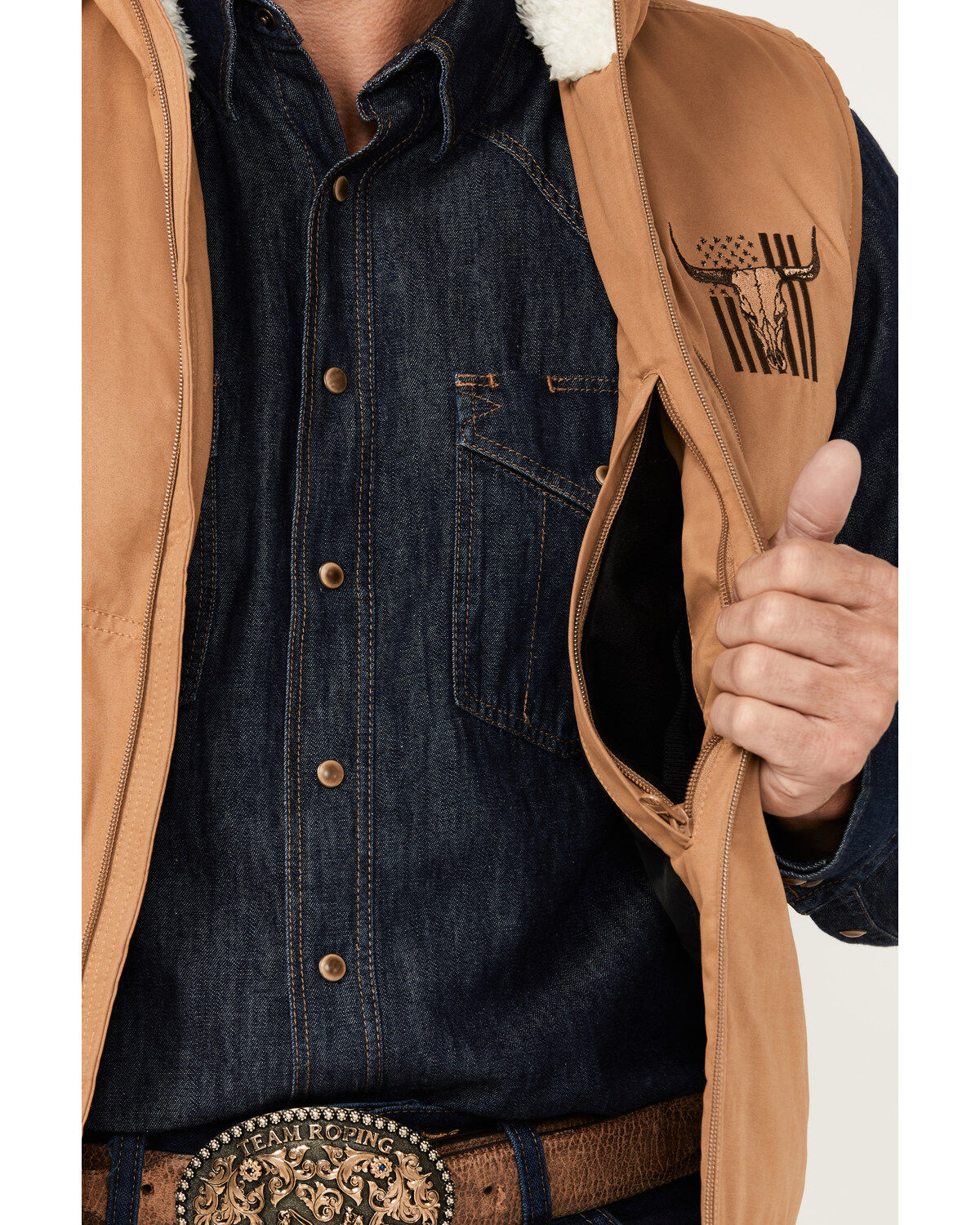 Image #3 - Cowboy Hardware Men's Embroidered Conceal Carry Softshell Vest, Tan, hi-res