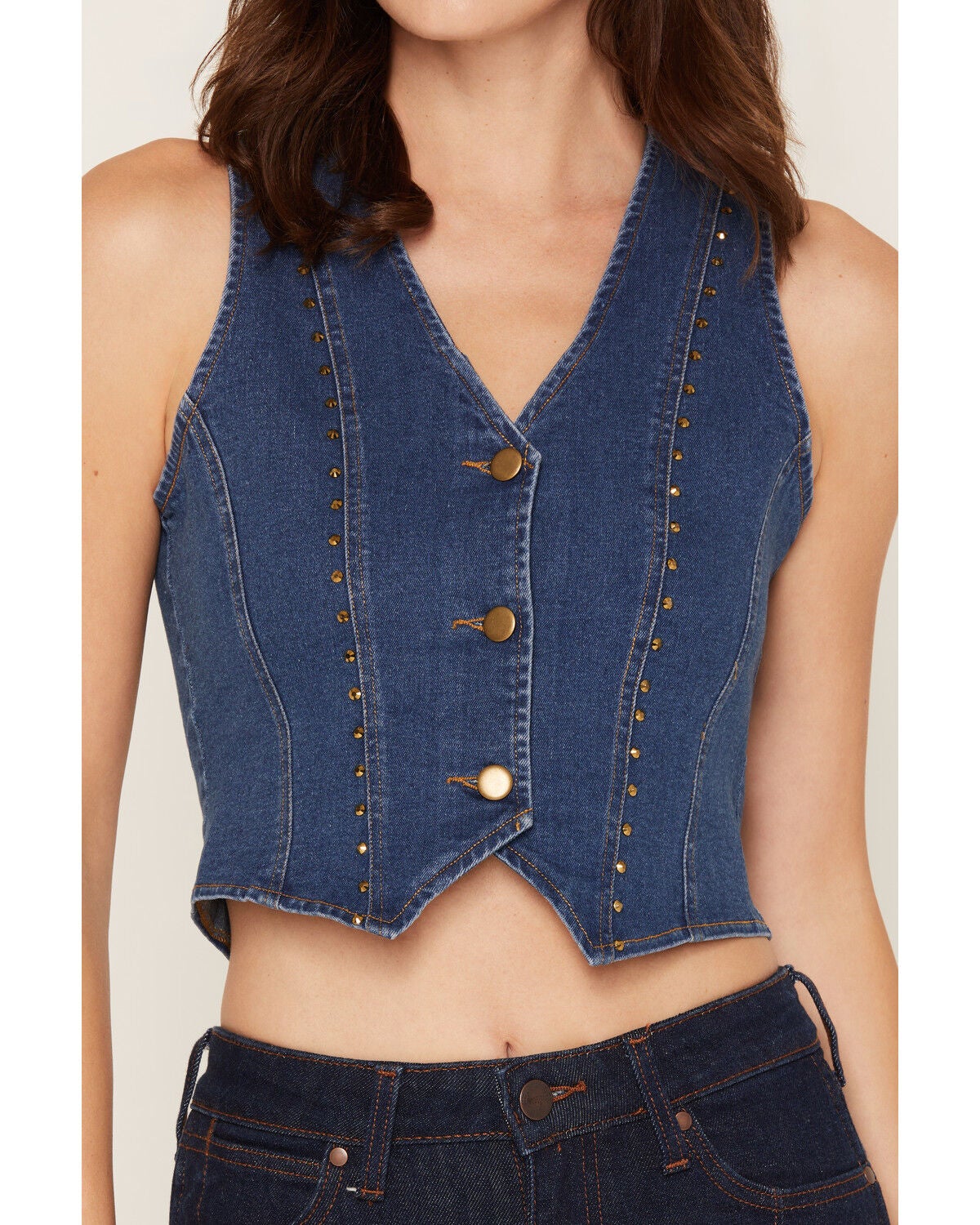 Image #3 - Blue B Women's Boot Barn Exclusive Boot Stitch Studded Denim Vest, Medium Wash, hi-res