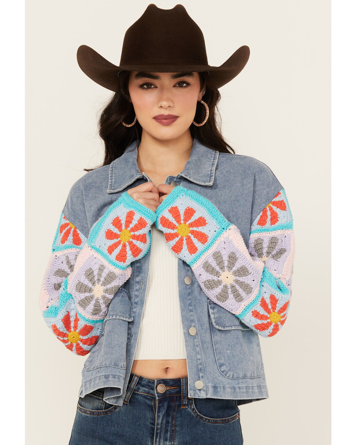 Mystree Women's Crochet Sleeve Medium Wash Denim Jacket, Blue, hi-res