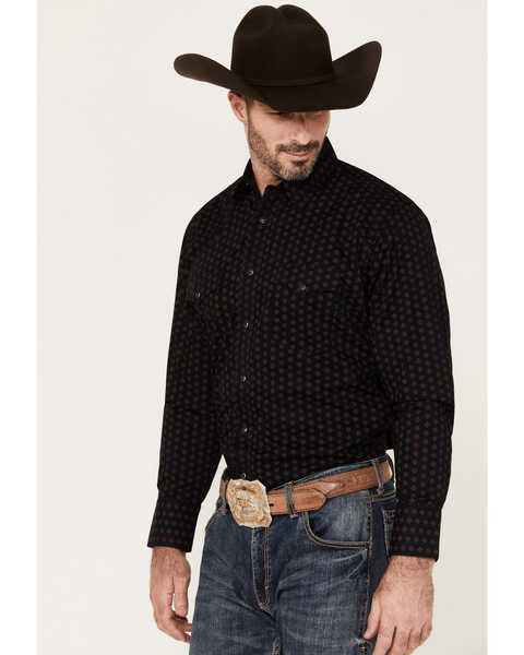 Wrangler Men's Silver Edition Geo Print Long Sleeve Snap Western Shirt, Black, hi-res