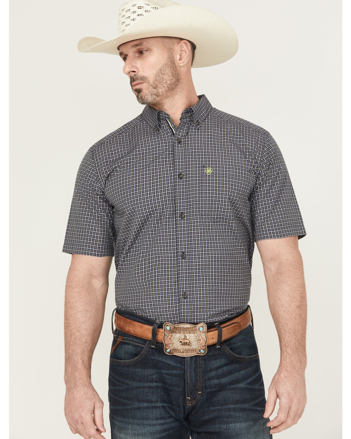 Ariat Men's Pro Series Caspian Plaid Print Short Sleeve Button-Down Western Shirt, Navy, hi-res