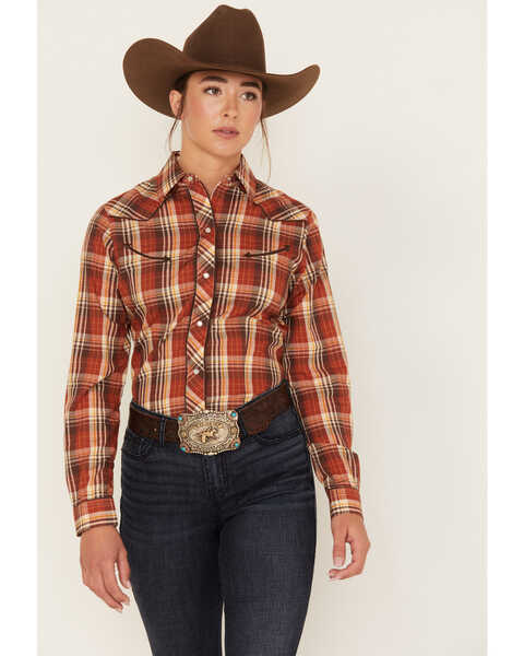 Roper Women's Plaid Print Long Sleeve Pearl Snap Western Shirt, Rust Copper, hi-res