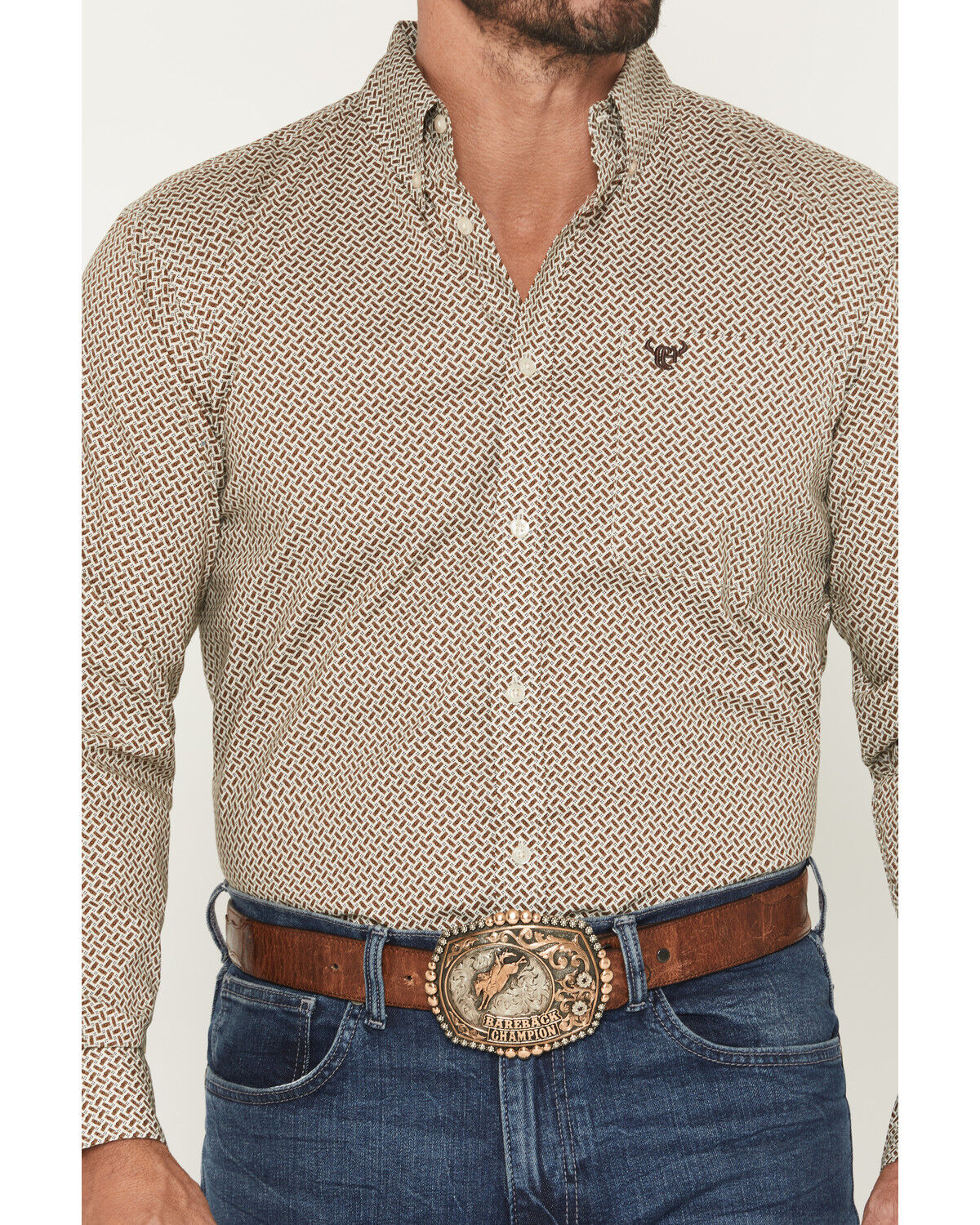 Image #3 - Cowboy Hardware Men's Basket Weave Geo Print Long Sleeve Button-Down Stretch Western Shirt, Tan, hi-res