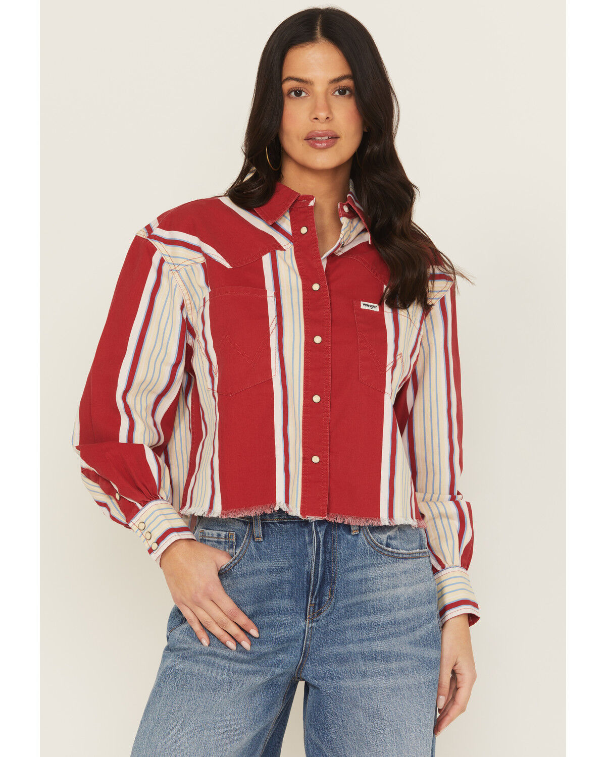 Wrangler Women's Modern Striped Long Sleeve Heritage Long Sleeve Snap Western Shirt, Red, hi-res