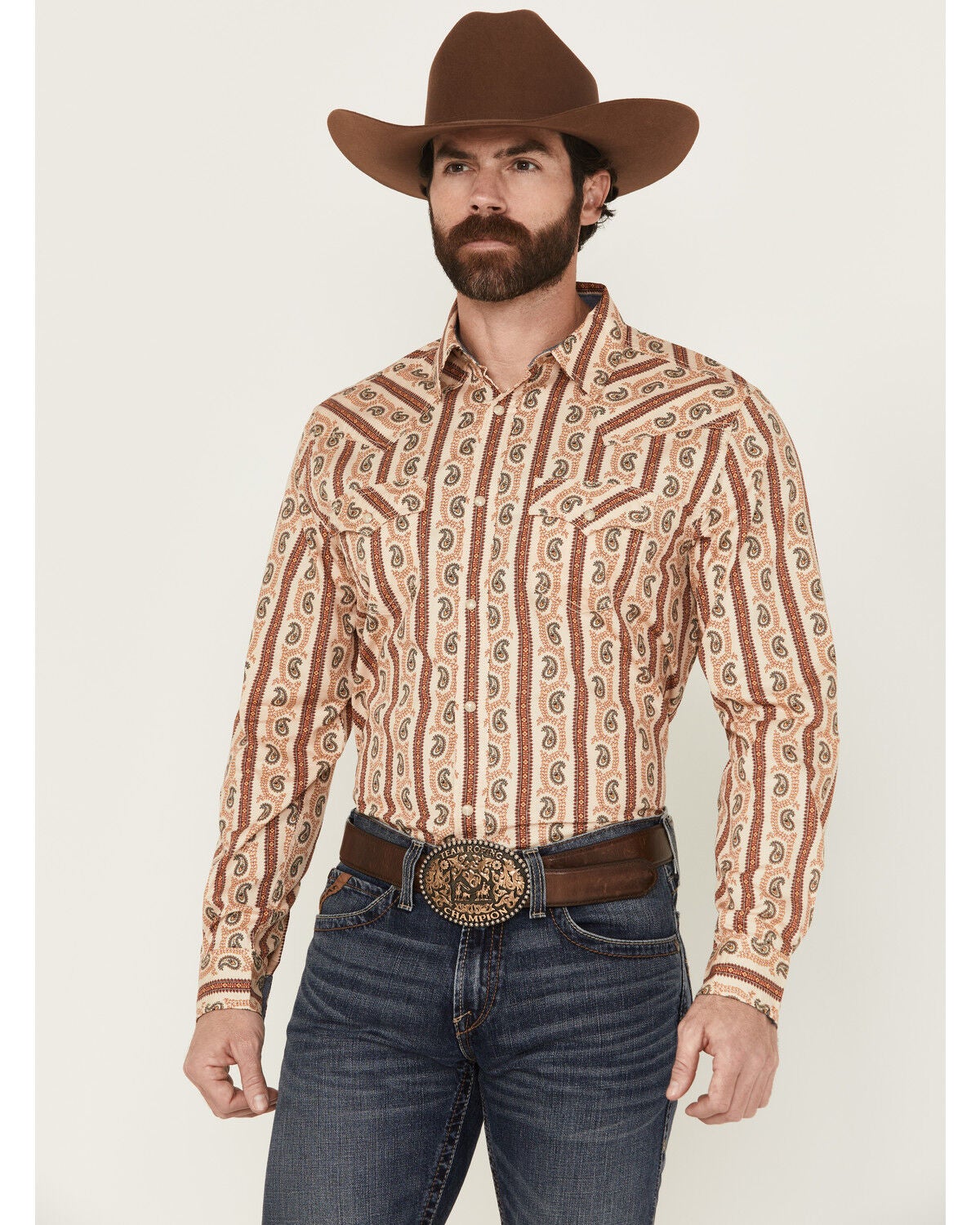 Cody James Men's Stillwell Paisley Print Long Sleeve Snap Western Shirt, Tan, hi-res