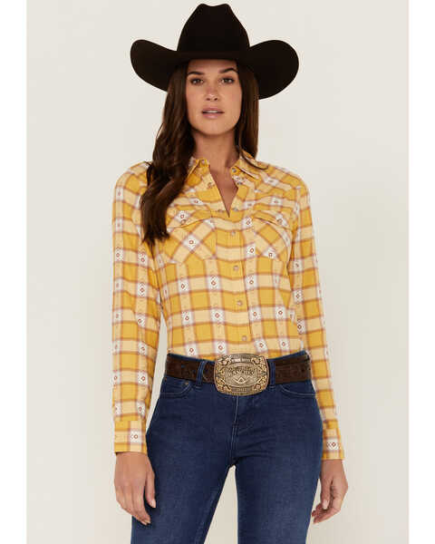 Rank 45 Women's Dobby Plaid Yellow Western Shirt, Yellow, hi-res