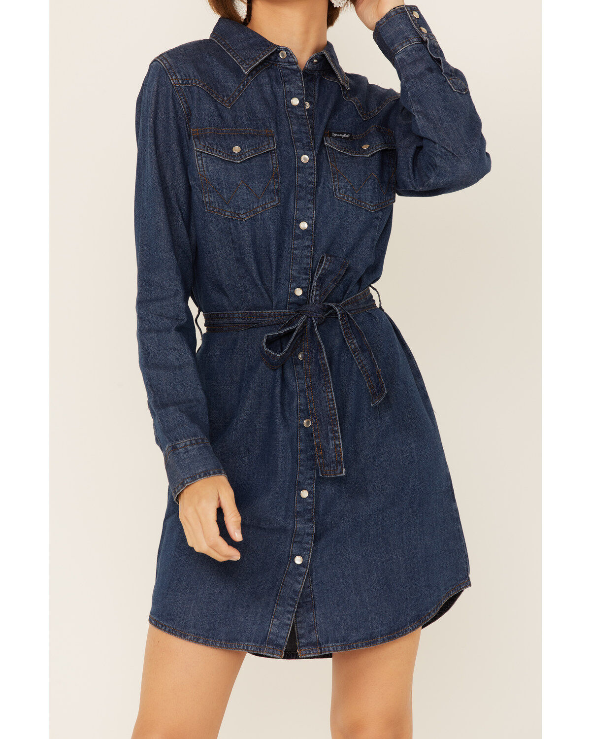 Image #2 - Wrangler Women's Dark Denim Washed Long Sleeve Western Shirt Dress, Indigo, hi-res