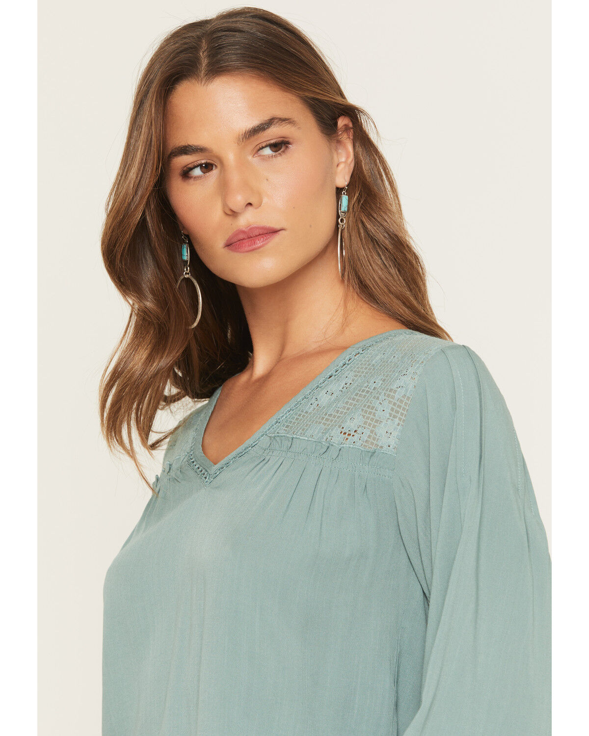 Image #2 - Eyeshadow Women's Long Sleeve Lace Contrast Peasant Top, Sage, hi-res