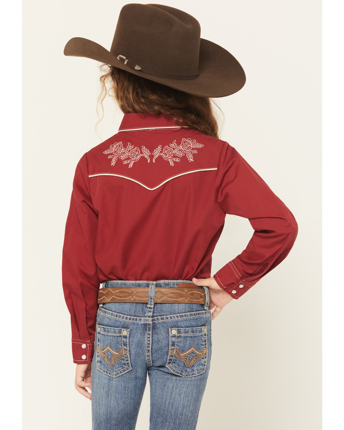 Image #4 - Ely Walker Girls' Solid Floral Embroidered Long Sleeve Snap Western Shirt, Red, hi-res