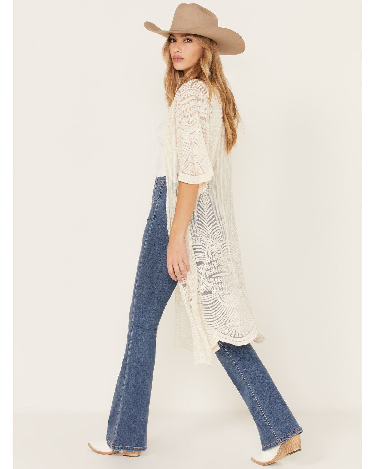 Image #4 - Shyanne Women's Geo Print Lace Short Sleeve Kimono, Ivory, hi-res