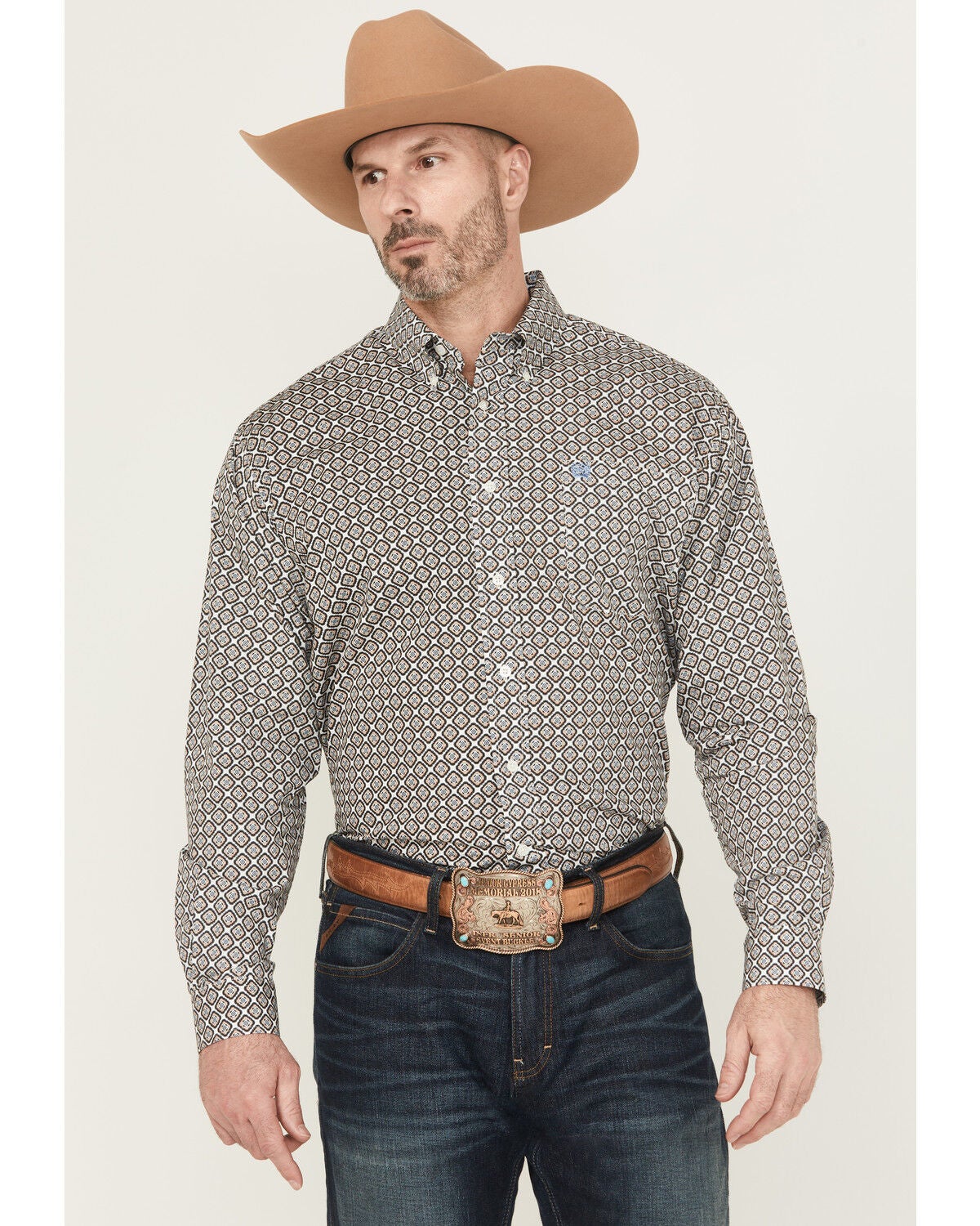 Cinch Men's Medallion Long Sleeve Button-Down Western Shirt, Cream, hi-res