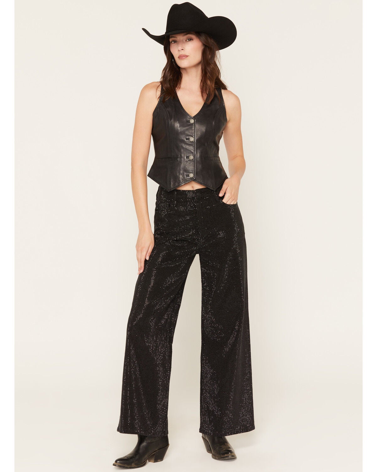 Image #1 - Cello Women's High Rise Rhinestone Wide Leg Stretch Denim Jeans, Black, hi-res