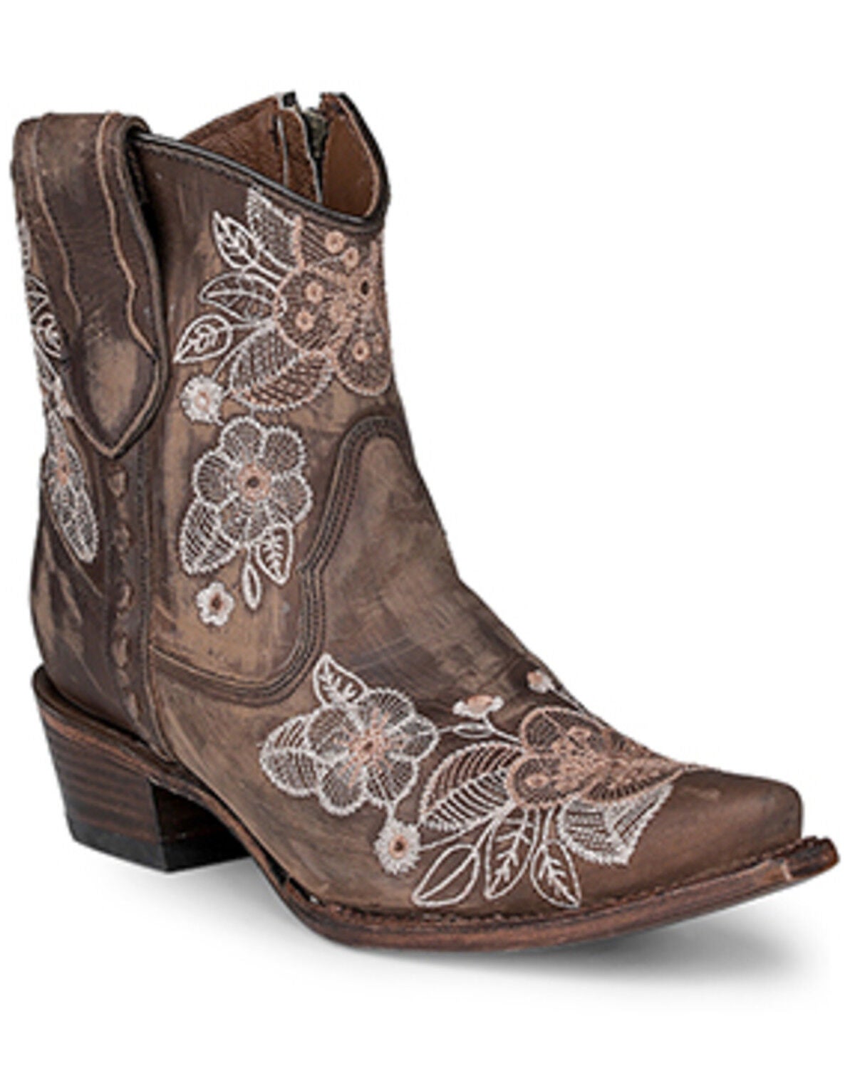 Circle G Women's Floral Embroidered Western Booties - Snip Toe, Chocolate, hi-res