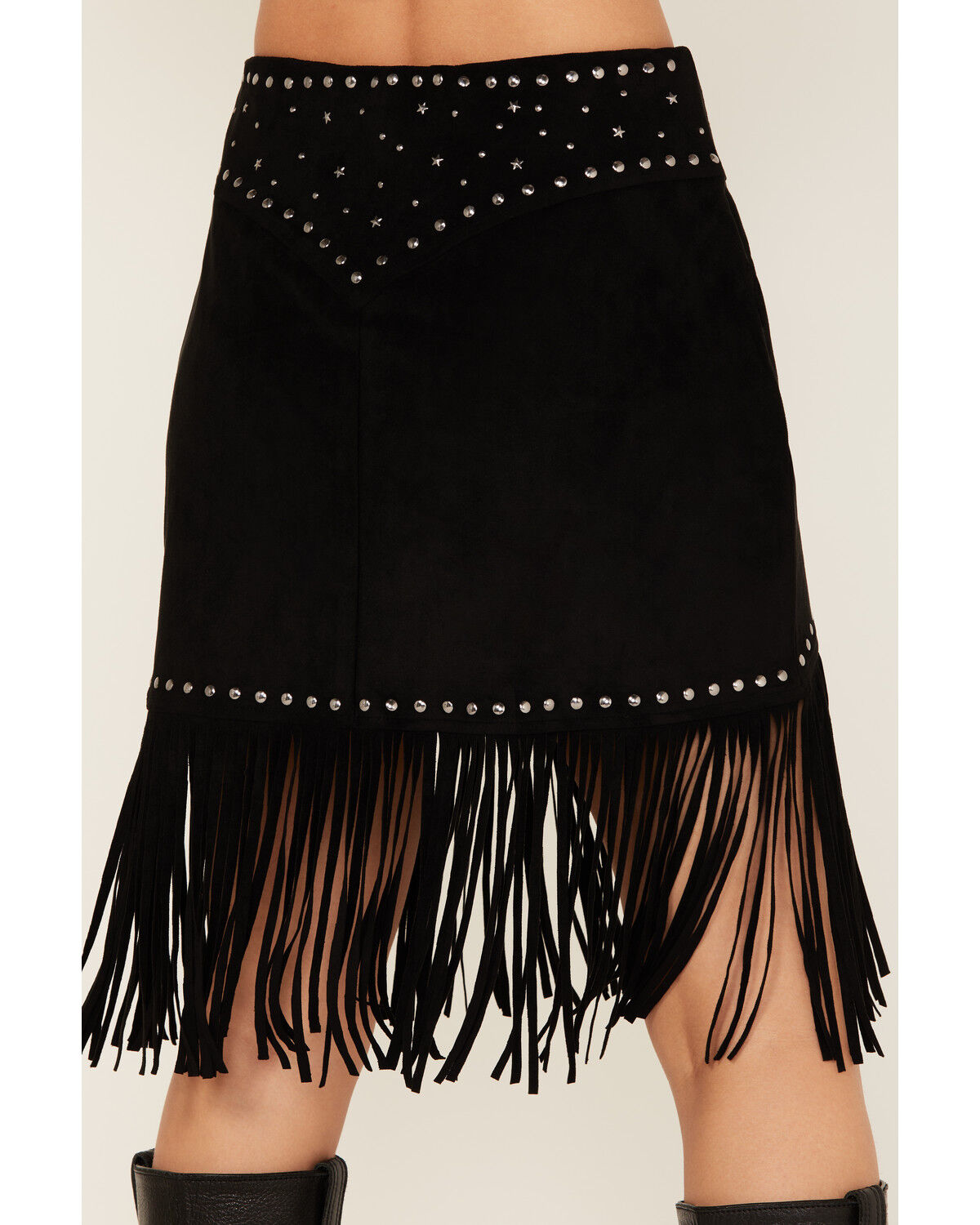 Image #4 - Rock & Roll Denim Women's Fringe Buckle Skirt, Black, hi-res