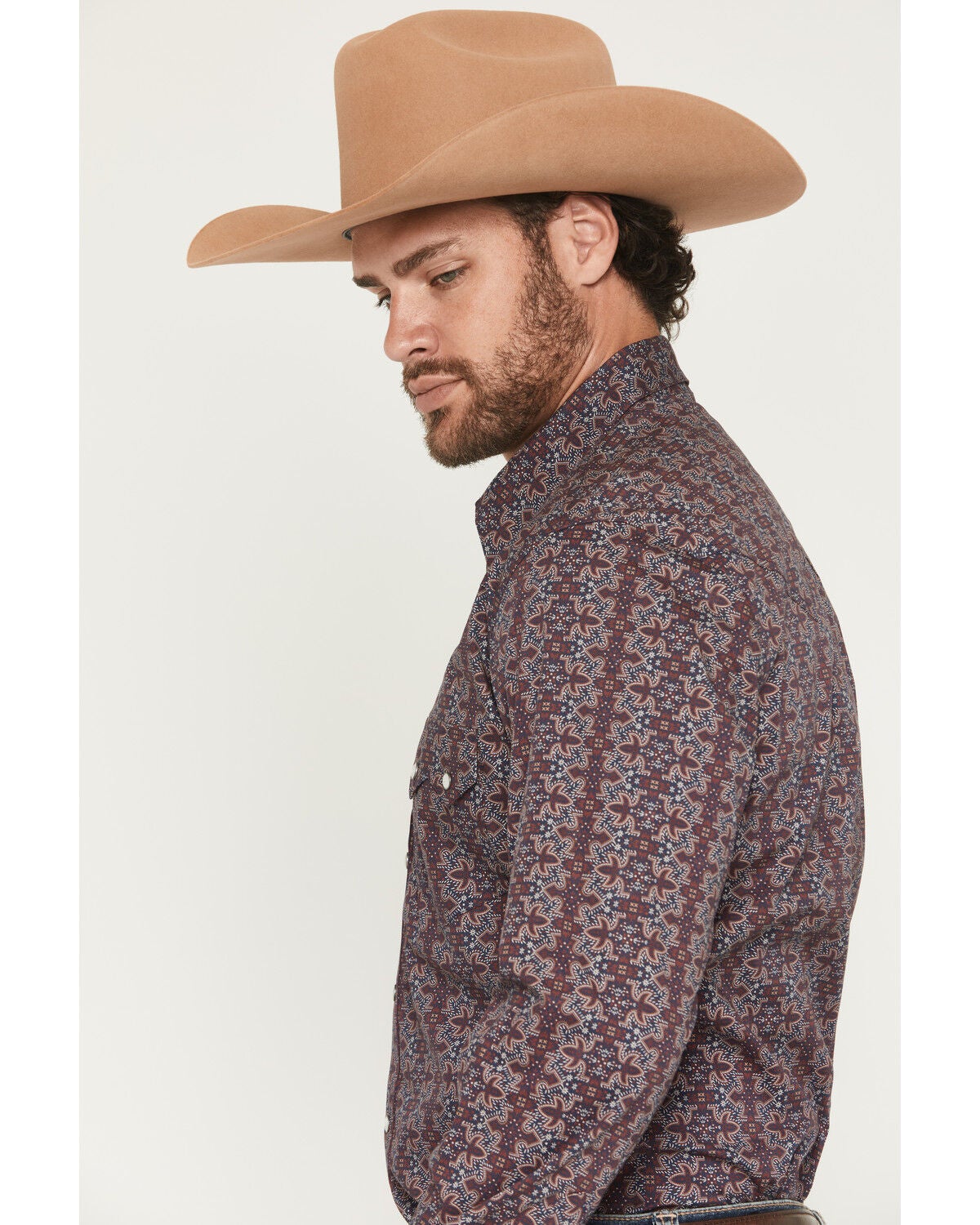 Image #2 - Rock & Roll Denim Men's Bootstitch Long Sleeve Snap Stretch Western Shirt, Burgundy, hi-res