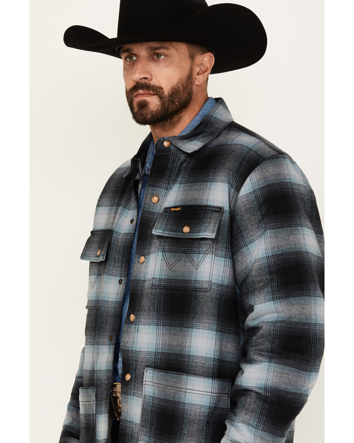 Image #2 - Wrangler Men's Hombre Sherpa Lined Plaid Print Snap Flannel Shirt Jacket, Blue, hi-res
