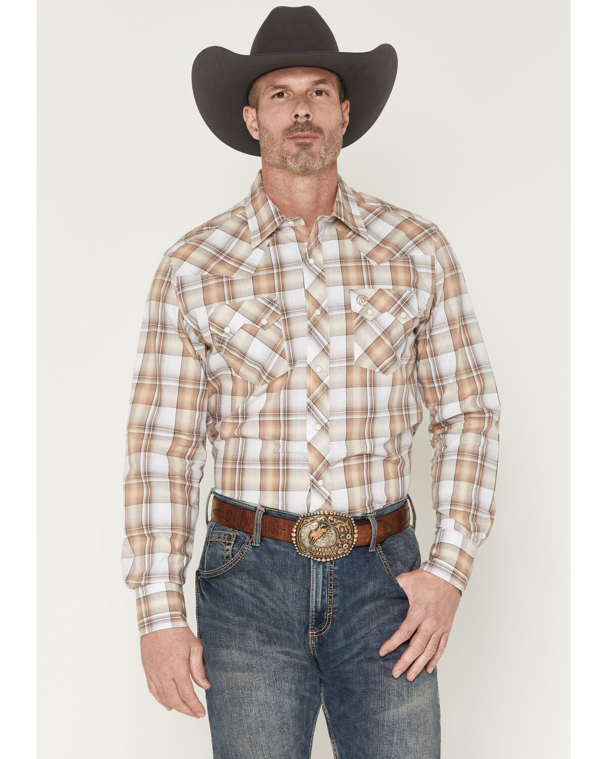 Wrangler Retro Men's Plaid Print Long Sleeve Snap Western Shirt, Tan, hi-res