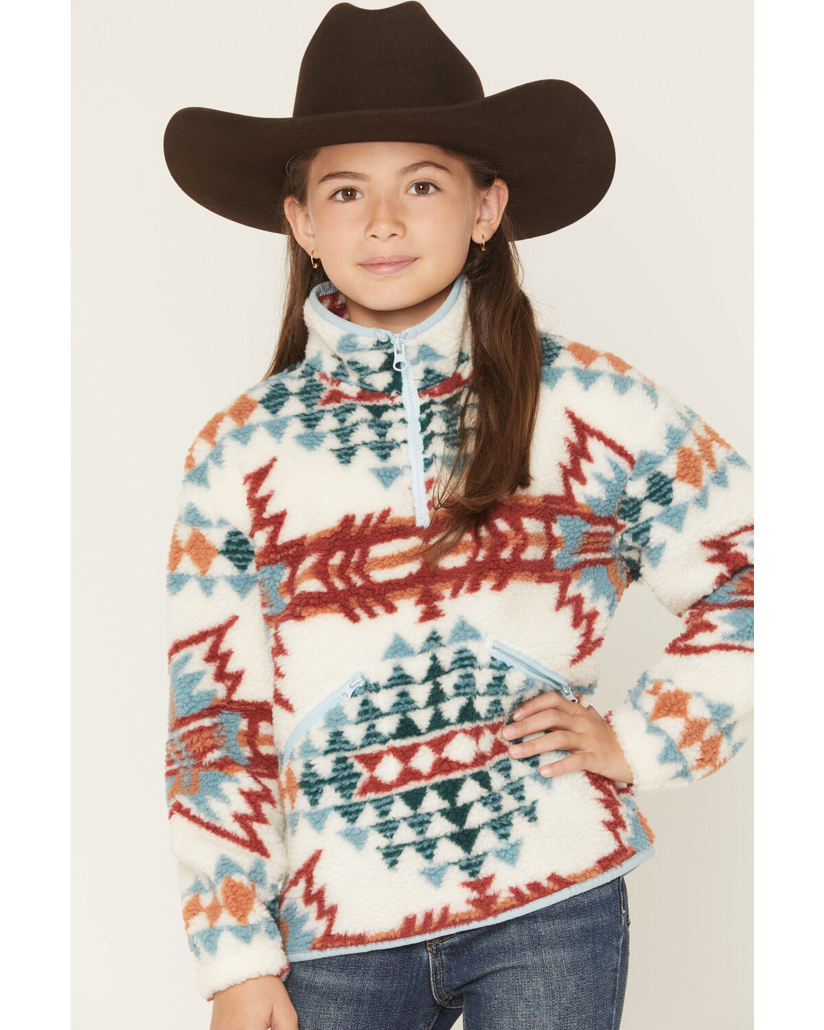 Image #1 - Rock & Roll Denim Girls' Southwestern Print Sherpa Pullover, Natural, hi-res