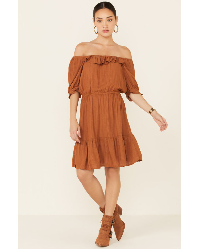 Wrangler Women's Off-Shoulder Peasant Dress, Rust Copper, hi-res