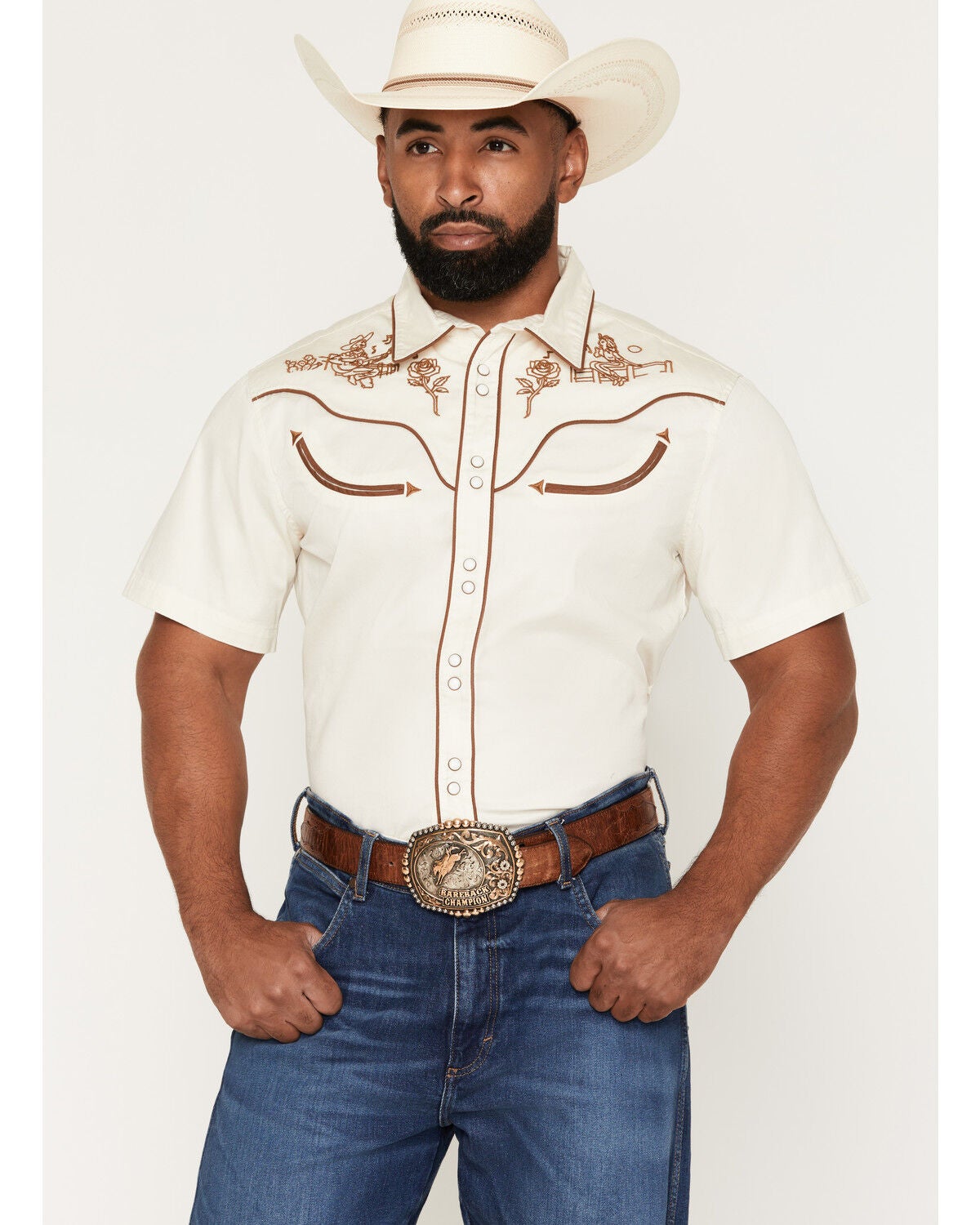 Sendero Provisions Men's Prescott Embroidered Short Sleeve Snap Western Shirt, Off White, hi-res