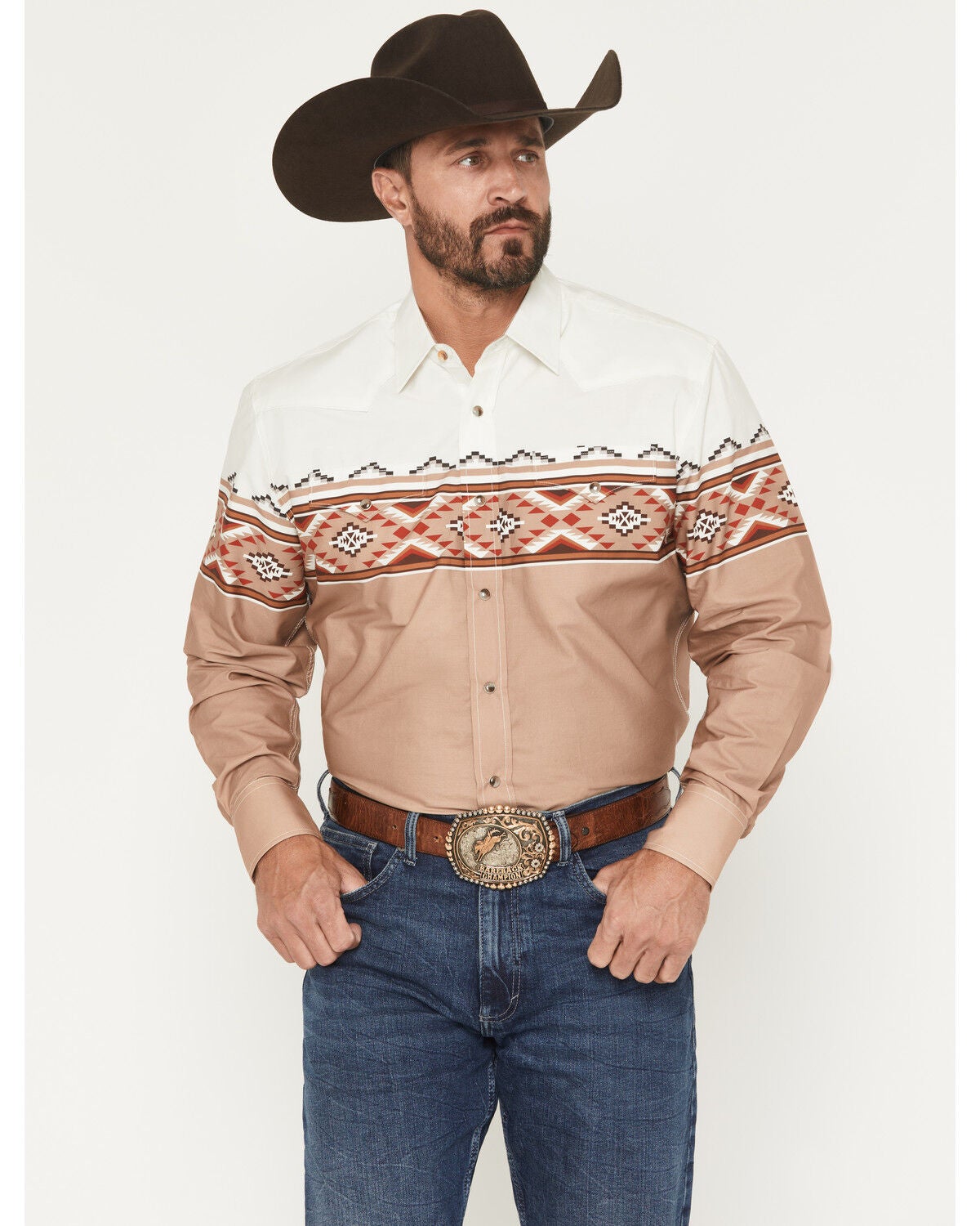 Rodeo Clothing Men's Southwestern Border Print Long Sleeve Snap Western Shirt, Camel, hi-res