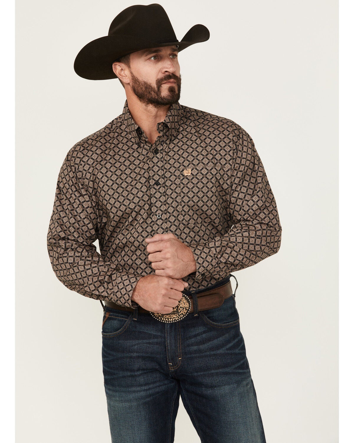 Cinch Men's Medallion Print Long Sleeve Button-Down Western Shirt, Black, hi-res