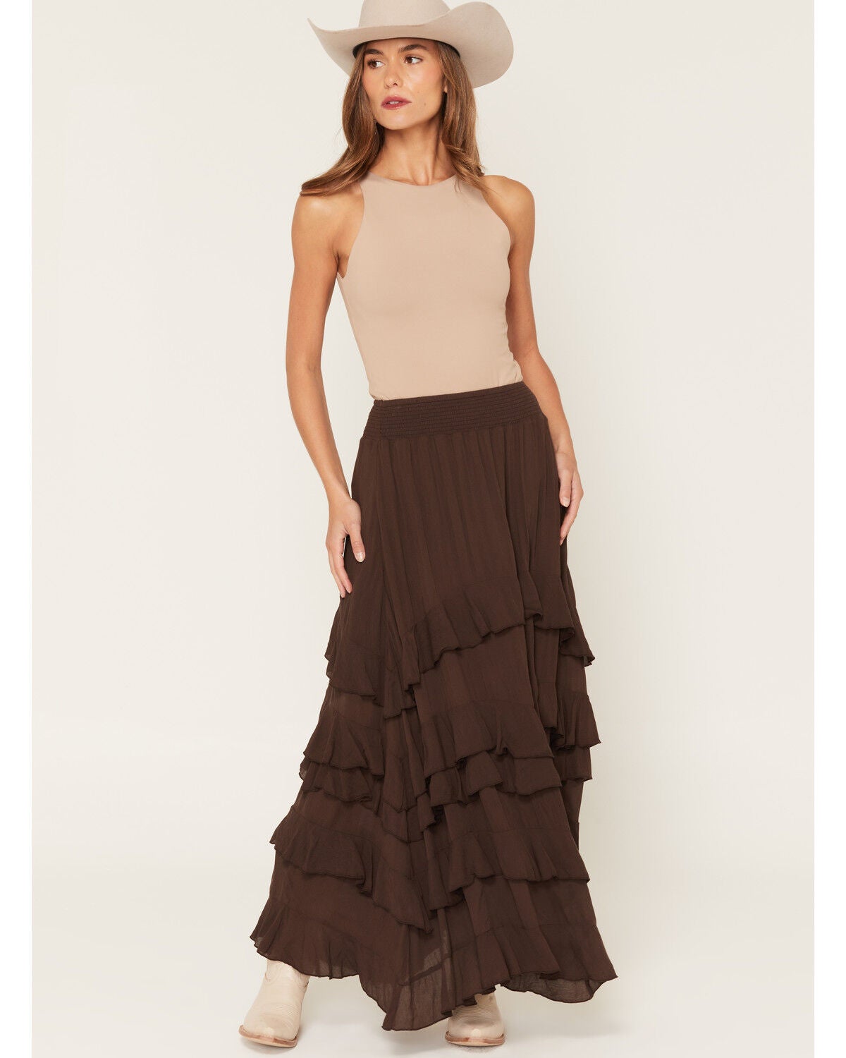 Image #1 - Ashley Women's Tiered Ruffle Maxi Skirt, Chocolate, hi-res