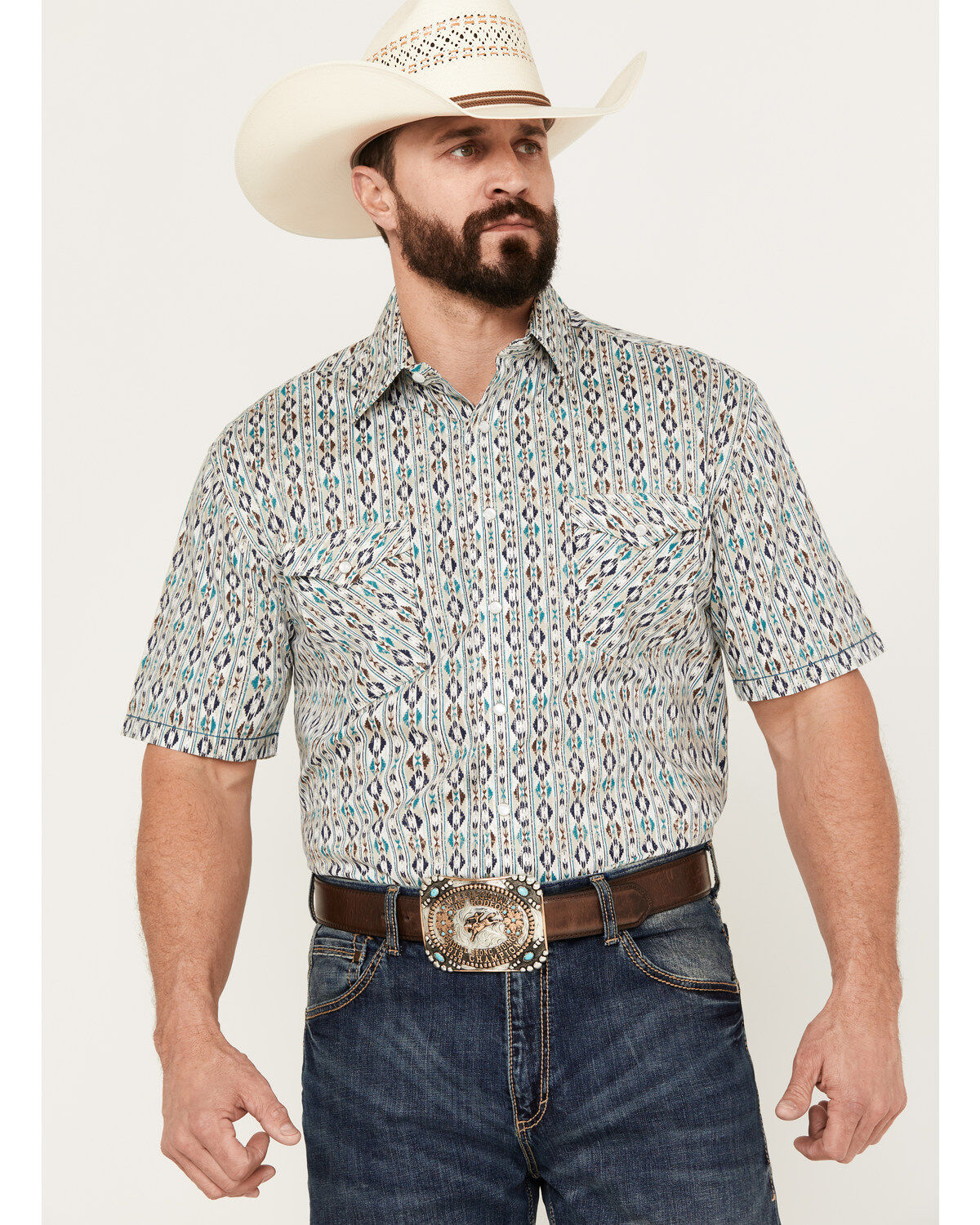 Image #1 - Rough Stock by Panhandle Men's Distressed Southwestern Short Sleeve Stretch Western Pearl Snap Shirt, , hi-res