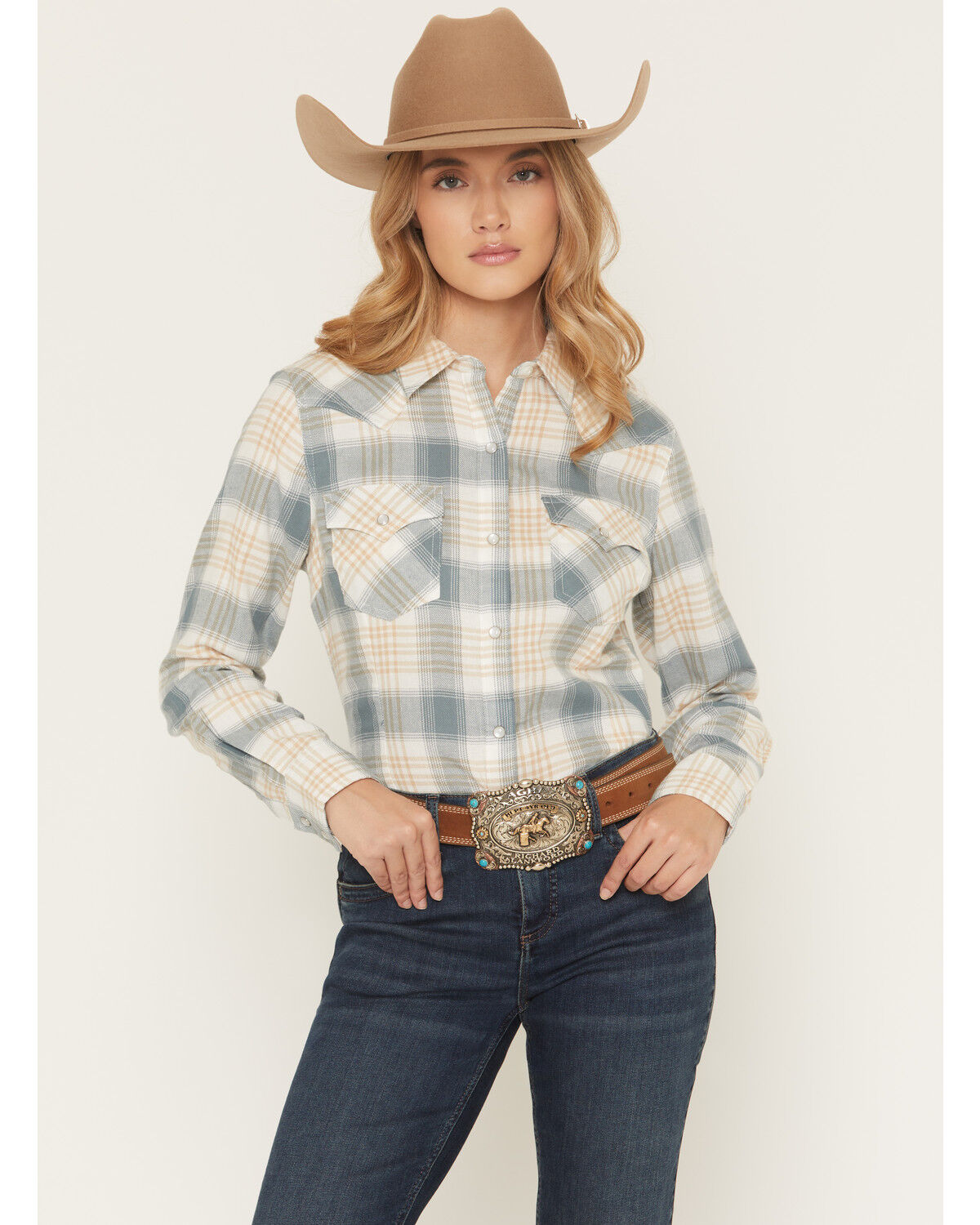 Image #1 - Wrangler Retro Women's Boot Barn Exclusive Plaid Print Long Sleeve Pearl Snap Flannel Shirt, Teal, hi-res