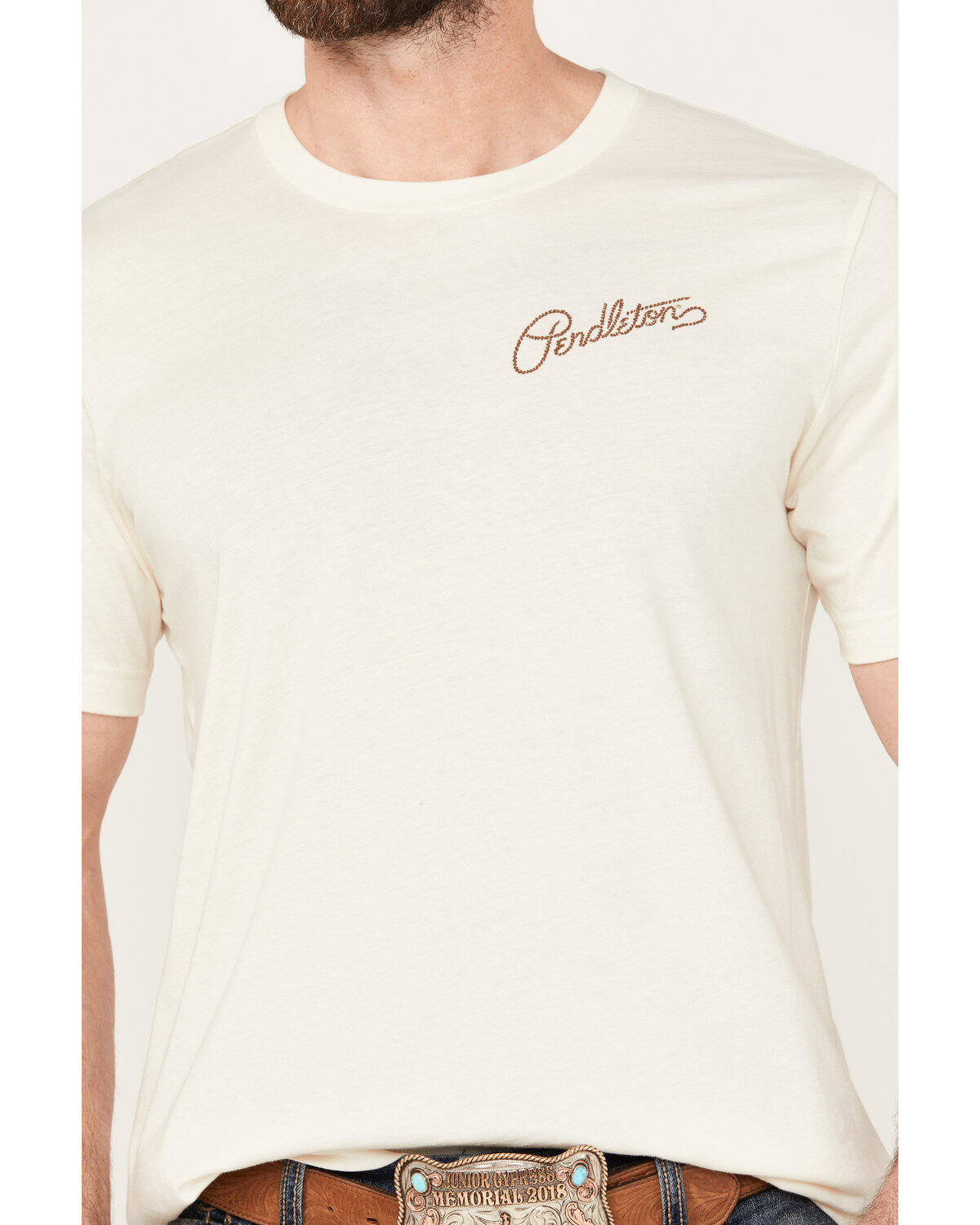 Image #3 - Pendleton Men's Boot Barn Exclusive Rancher Short Sleeve Graphic T-Shirt, Sand, hi-res