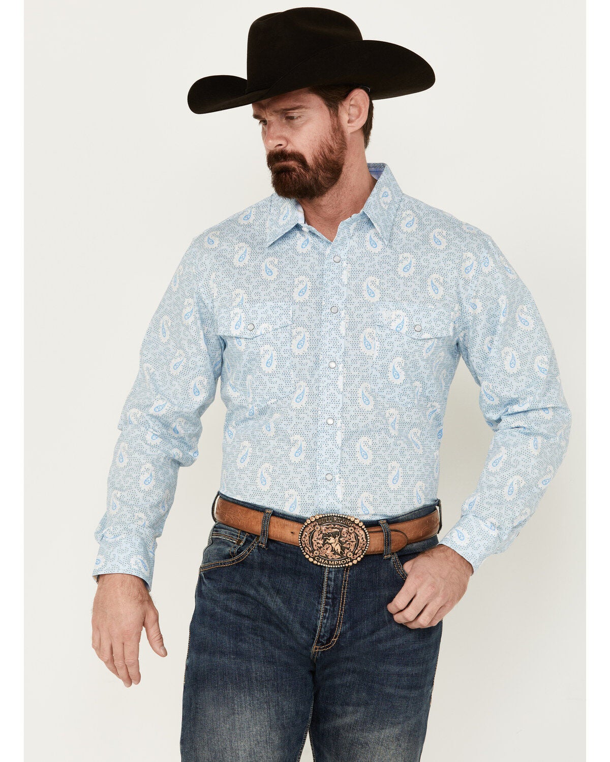 Panhandle Men's Paisley Print Long Sleeve Pearl Snap Western Shirt, Light Blue, hi-res