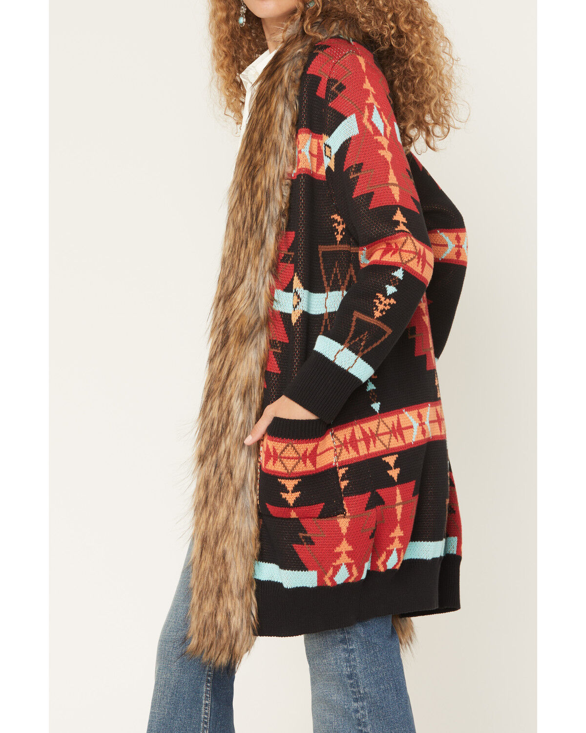 Panhandle Women's Southwestern Print Faux Fur Trim Cardigan