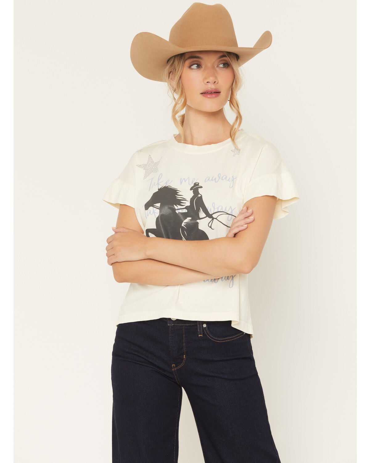 All Us Women's Cowboy Star Short Sleeve Graphic Tee, White, hi-res
