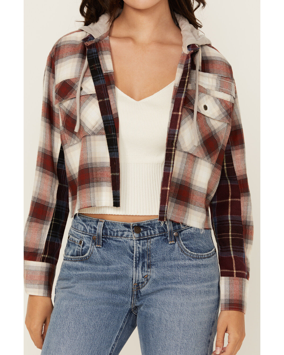 Image #3 - Cleo + Wolf Women's Connor Plaid Print Hooded Cropped Flannel, Brandy Brown, hi-res