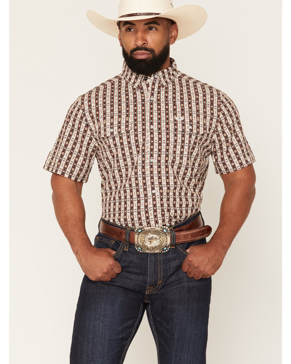 Ferrell Men's Tek Senior Southwestern Striped Print Short Sleeve Snap Performance Western Shirt, Brown, hi-res