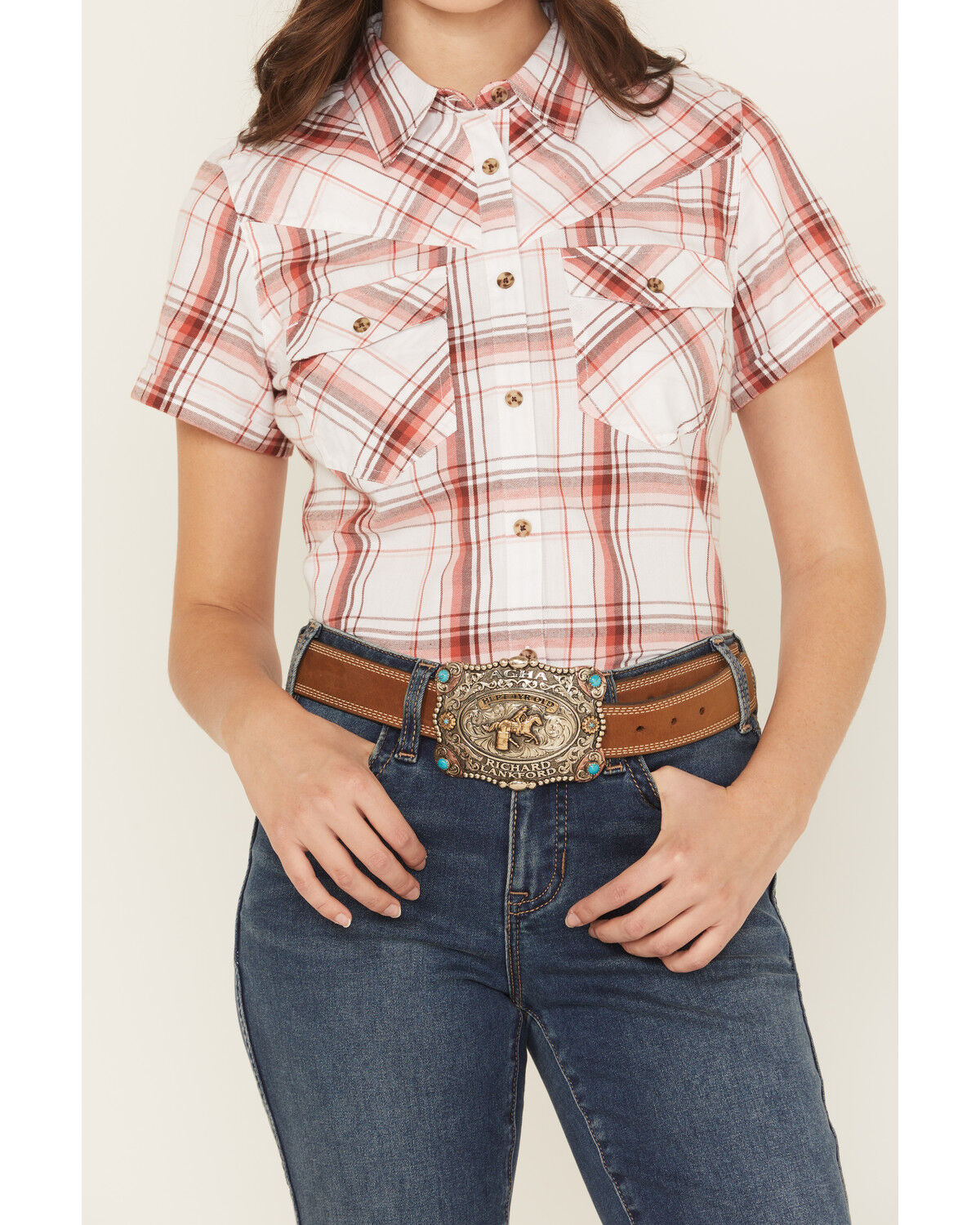 Image #3 - Shyanne Women's Plaid Print Short Sleeve Button-Down Western Shirt, White, hi-res