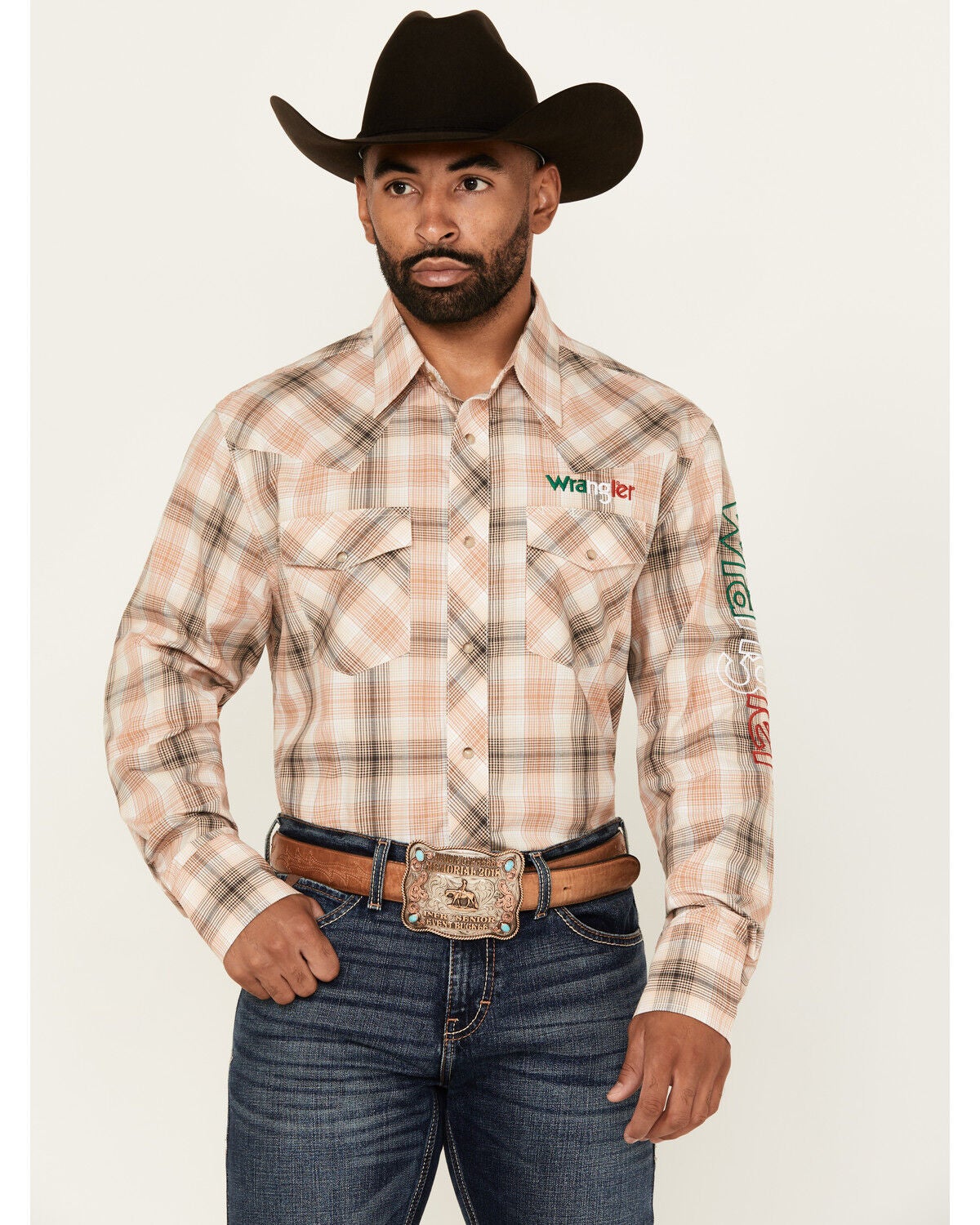 Wrangler Men's Mexico Logo Plaid Print Long Sleeve Snap Western Shirt, Tan, hi-res