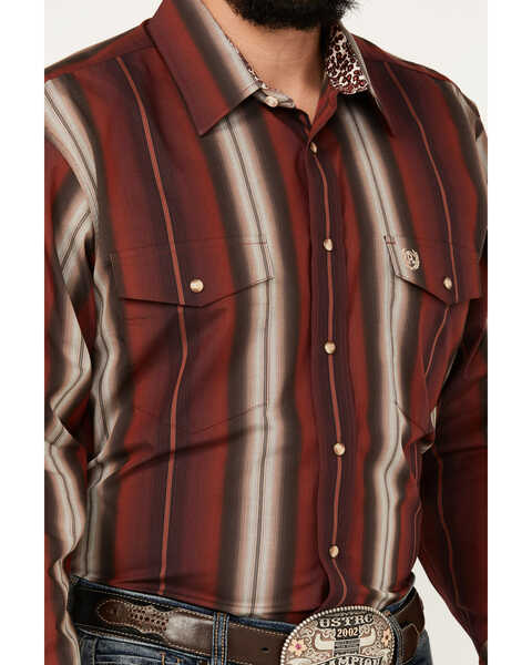 Image #3 - Panhandle Men's Select Serape Striped Print Long Sleeve Snap Western Shirt, Dark Red, hi-res